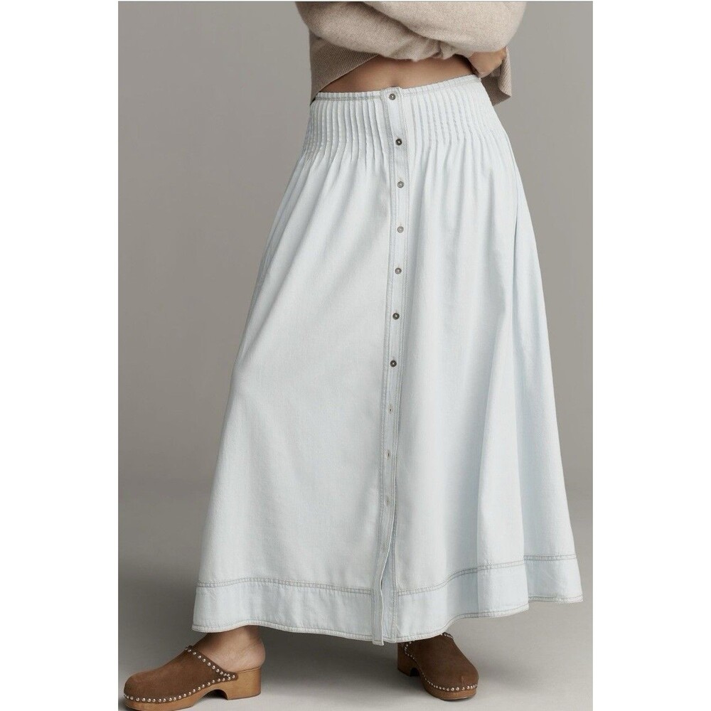 Anthropologie Pilcro Pintuck Basque Waist Denim Maxi Skirt Sz Lg Kit Wash